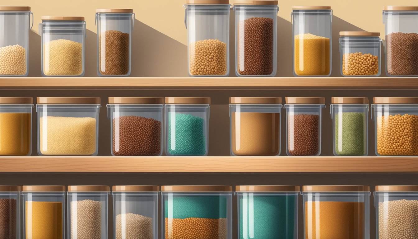 Sorghum grains stored in airtight containers on a shelf, away from direct sunlight and moisture