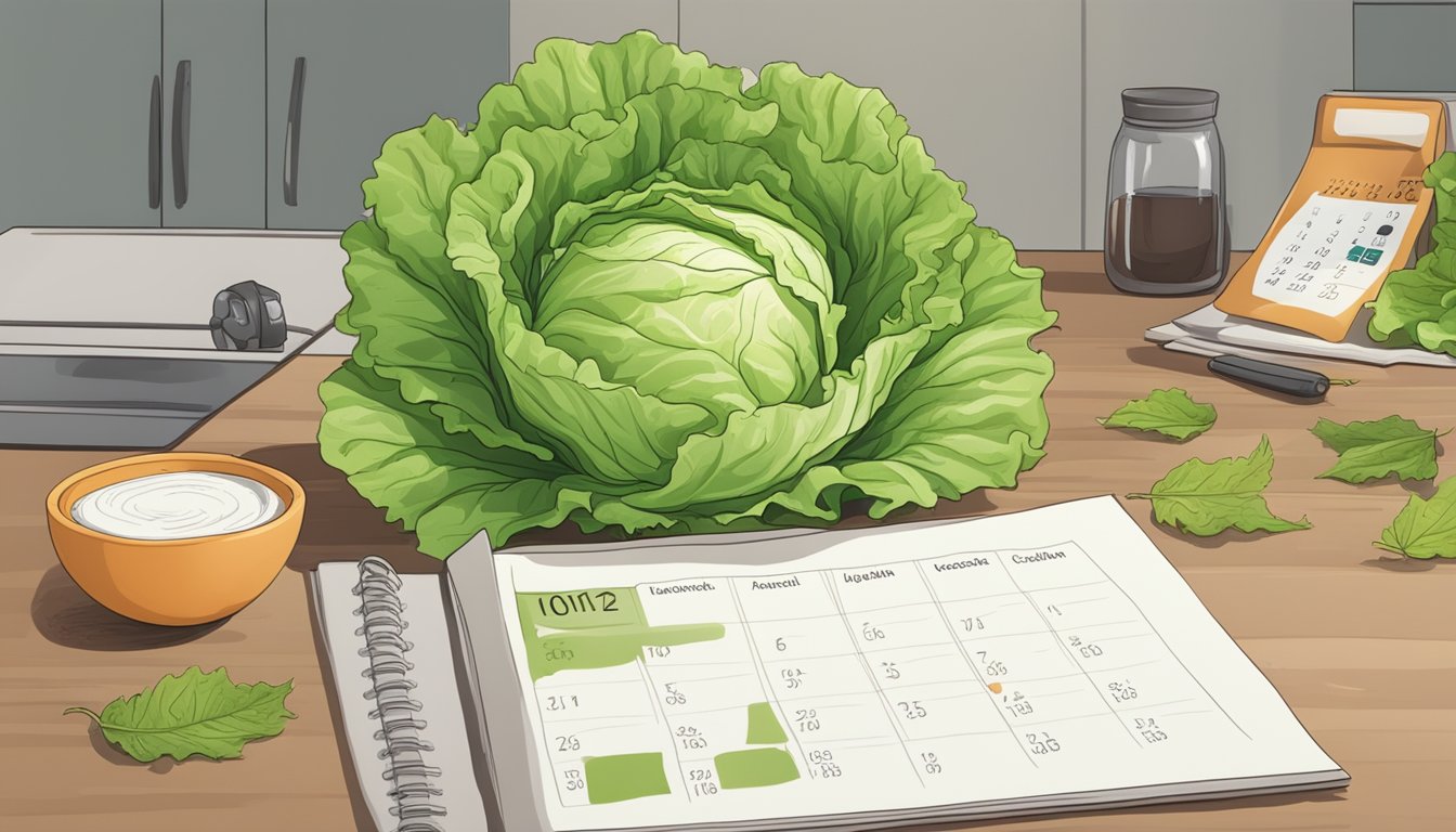 A head of lettuce sits on a countertop, surrounded by a few wilted leaves and a calendar with a date circled