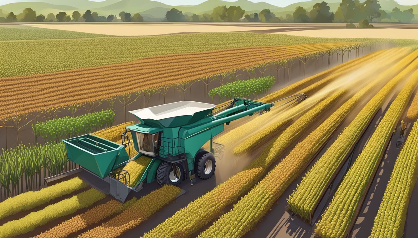 Sorghum fields with workers harvesting, followed by processing plant with machinery