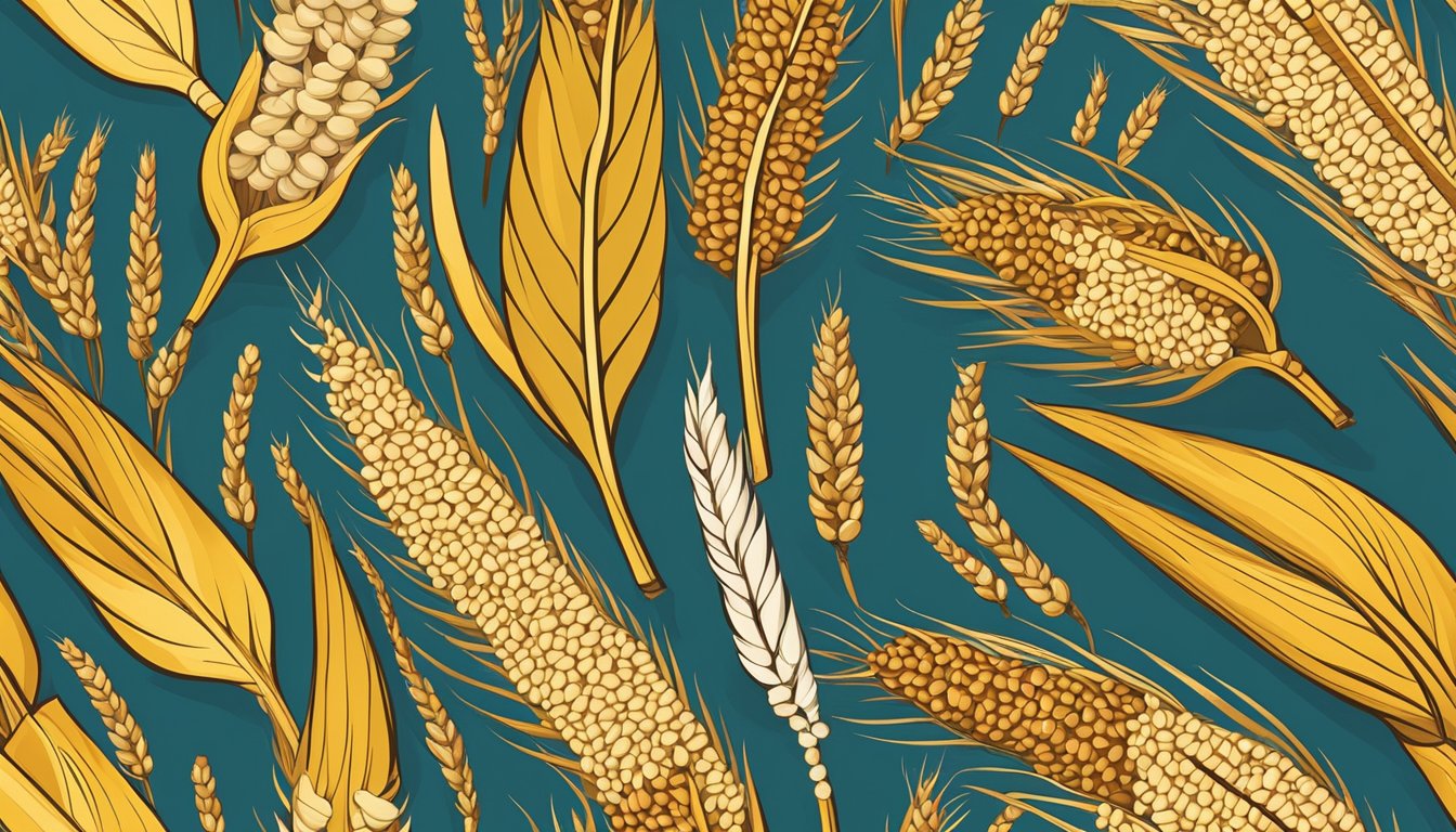 A variety of grains (wheat, rice, corn, barley) surrounding a bunch of sorghum, with a question mark hovering over the sorghum