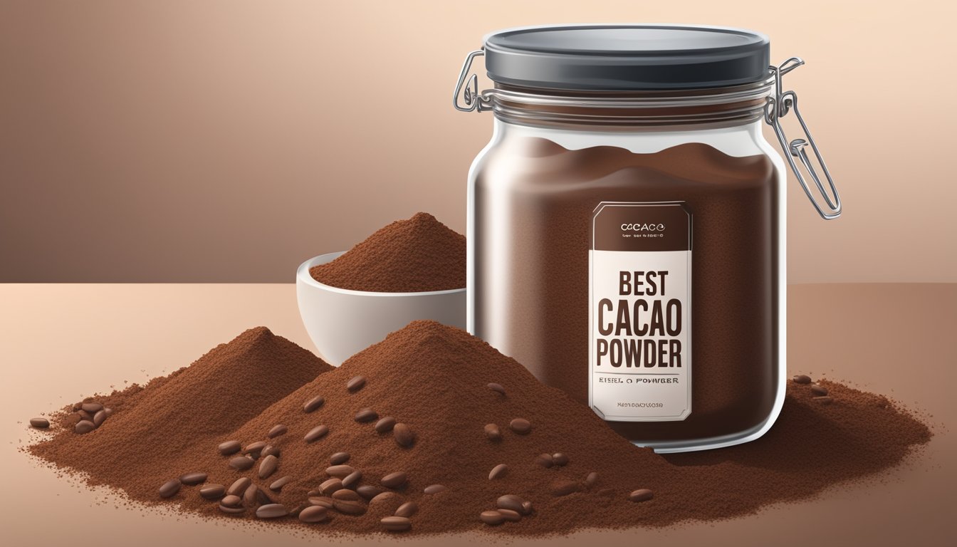 A jar of cacao powder with a best before date label, surrounded by a few spilled cocoa beans and a faint aroma of chocolate in the air