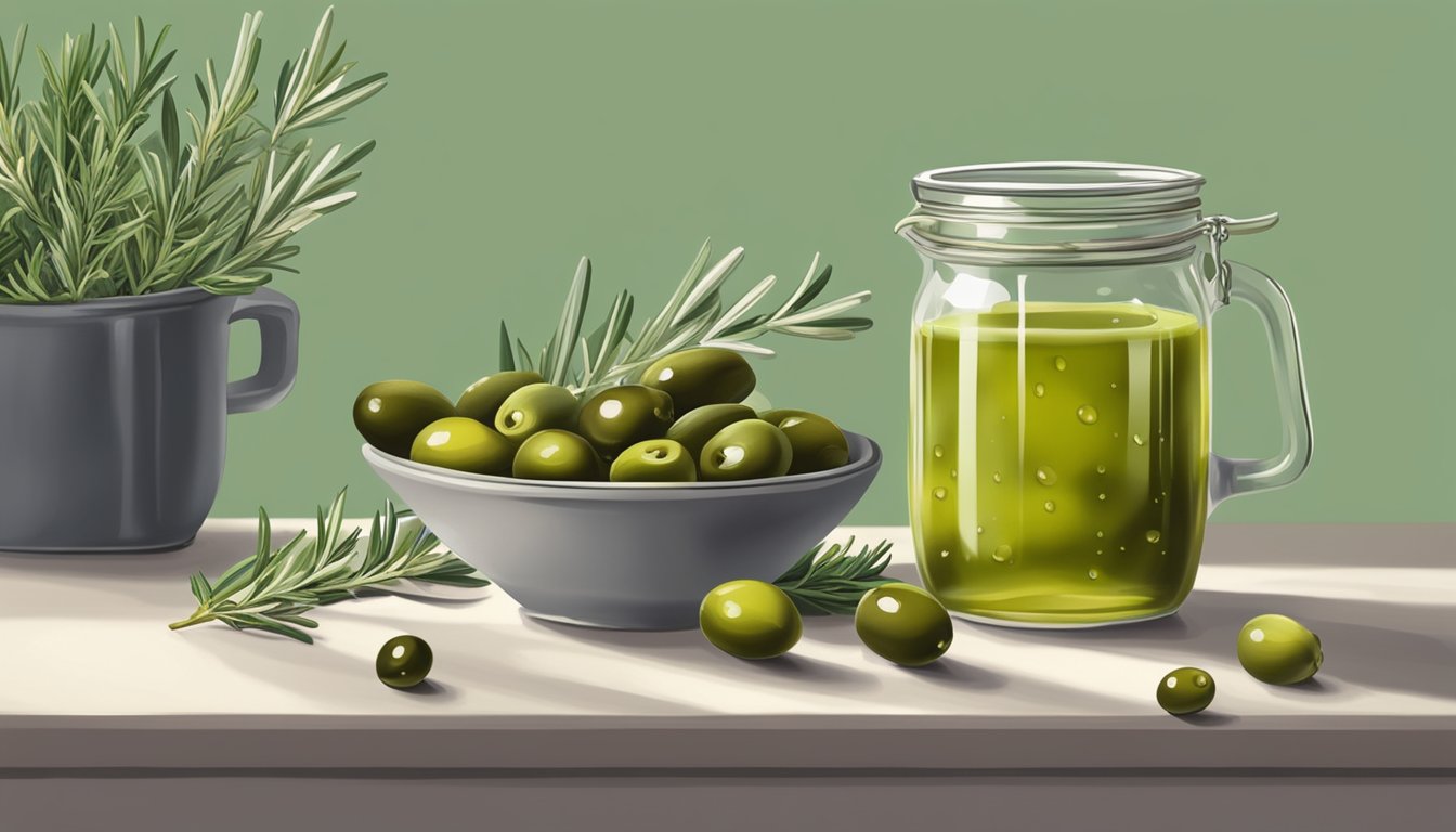 A glass jar of olive juice sits on a kitchen counter, surrounded by fresh olives and a sprig of rosemary. The liquid is a vibrant green color, with small droplets of oil floating on the surface