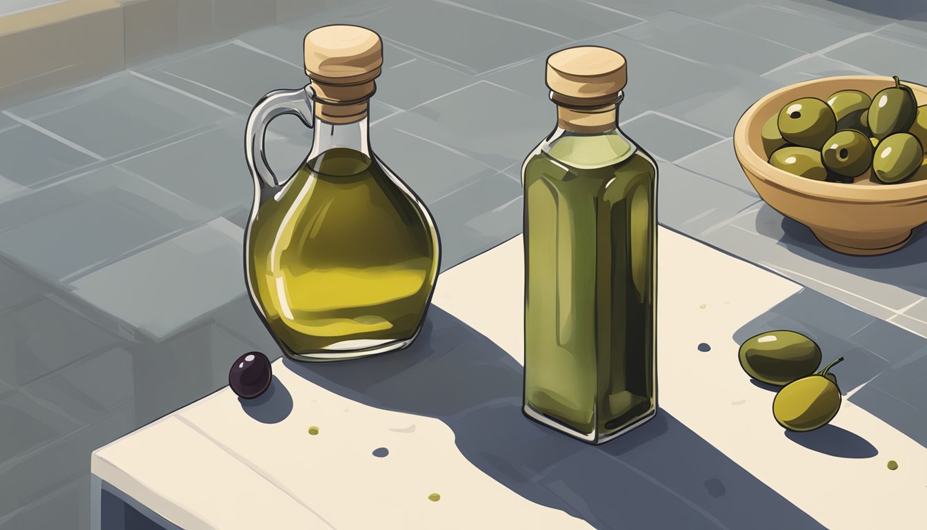 A half-empty bottle of olive juice sits on a kitchen counter, surrounded by a few discarded olives. The liquid inside appears murky and discolored, with a faint unpleasant smell emanating from the bottle