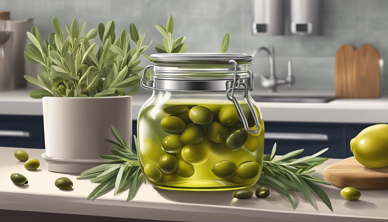 A jar of olive juice sits on a kitchen counter, surrounded by fresh olives and herbs. The lid is tightly sealed, and a faint condensation forms on the glass, indicating freshness