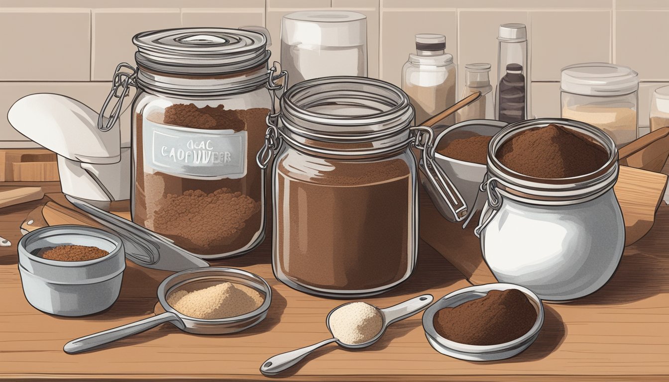 A jar of cacao powder sits on a kitchen counter, surrounded by various baking ingredients and utensils. The lid is slightly ajar, and a faint aroma of chocolate fills the air