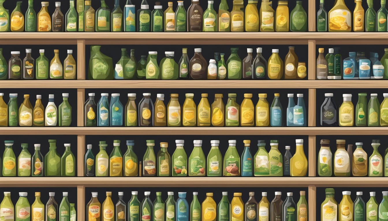 A shelf filled with various olive juice products, some opened and partially used, with expiration dates clearly visible on the labels