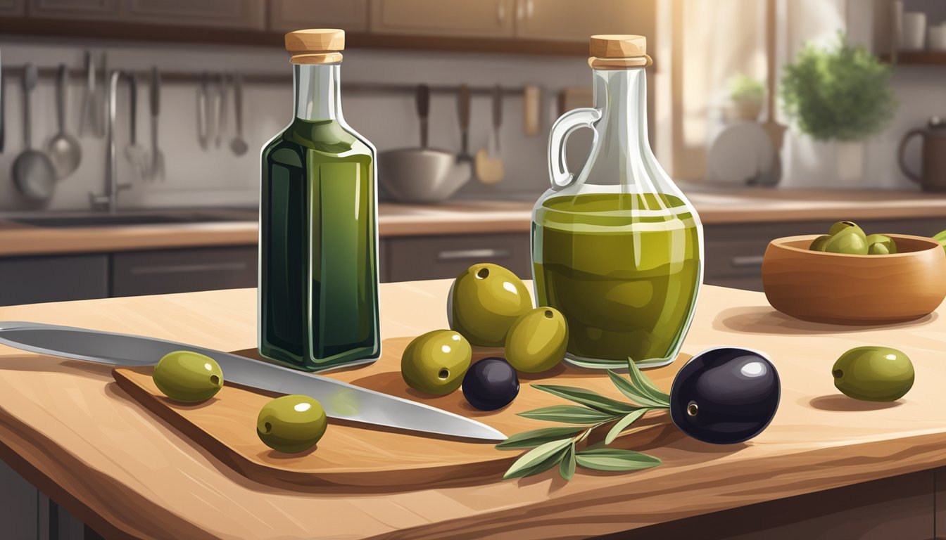 A glass bottle of olive juice sits on a kitchen counter, surrounded by fresh olives and a cutting board with a chef's knife