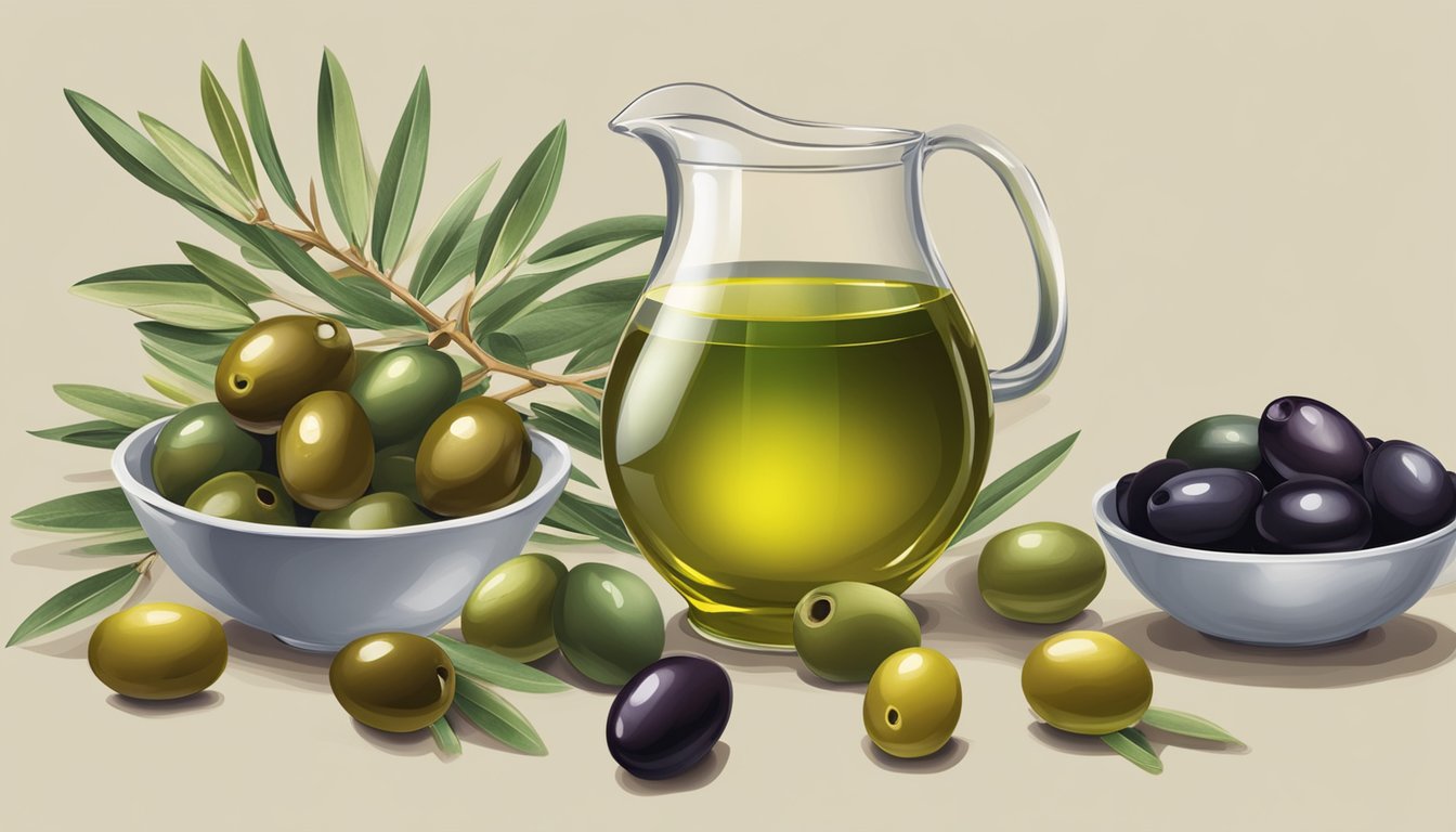 A variety of olives in different colors and sizes, with a bowl of olive juice, surrounded by olive branches and leaves