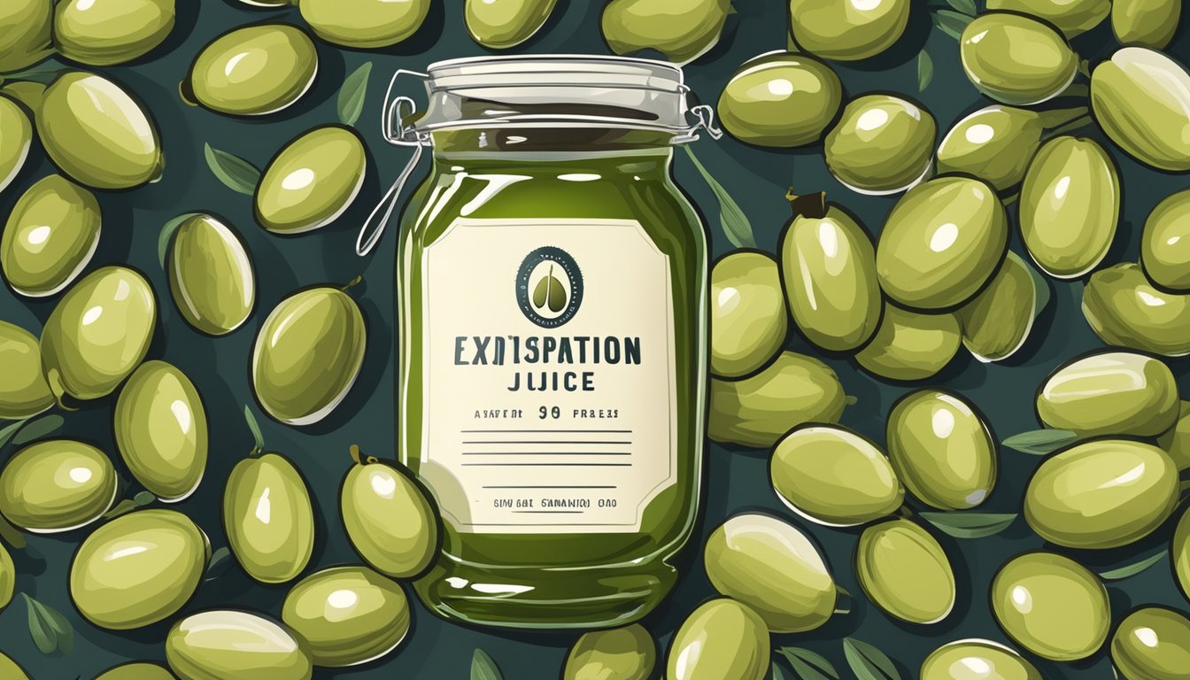 A glass jar of olive juice surrounded by fresh olives and a label indicating the expiration date