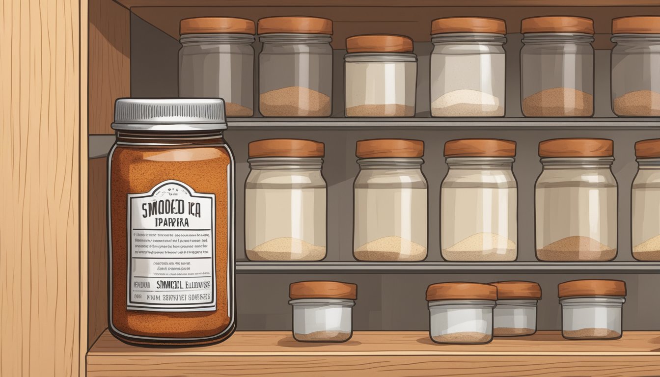 A jar of smoked paprika sits on a shelf with visible signs of spoilage - faded label, discolored powder, and a musty smell