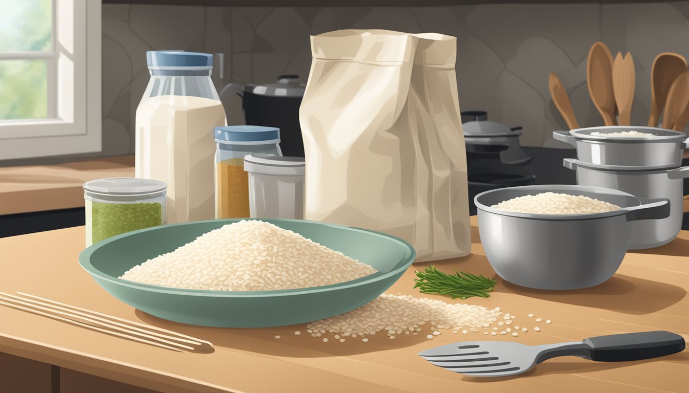 A bag of arborio rice sits on a clean, well-lit kitchen counter, surrounded by various cooking utensils and a measuring cup