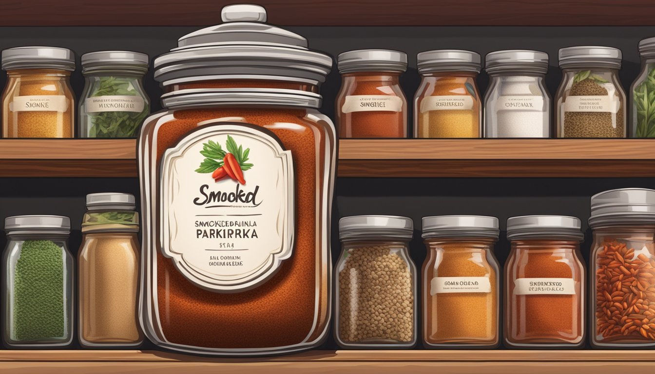 A jar of smoked paprika sits on a shelf in a pantry, surrounded by neatly organized spices and herbs. The label is clean and the lid is tightly sealed