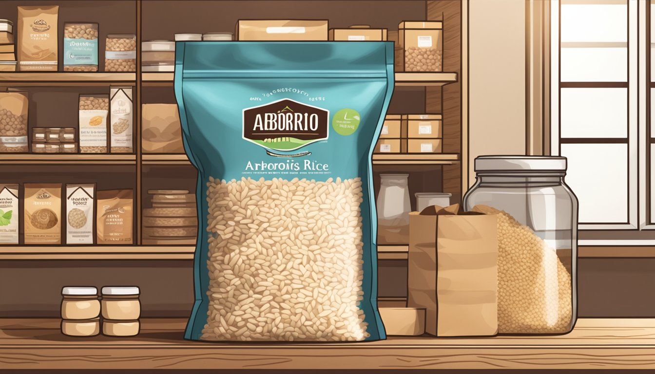 A bag of arborio rice sits on a pantry shelf, surrounded by other dry goods. The packaging is intact, with no signs of spoilage