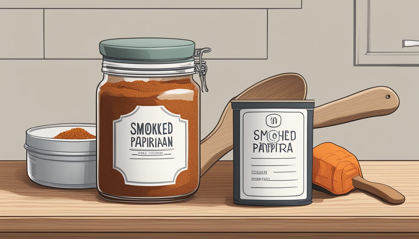 A kitchen counter with a jar of smoked paprika next to a sealed container, a clean spoon, and a label indicating the expiration date