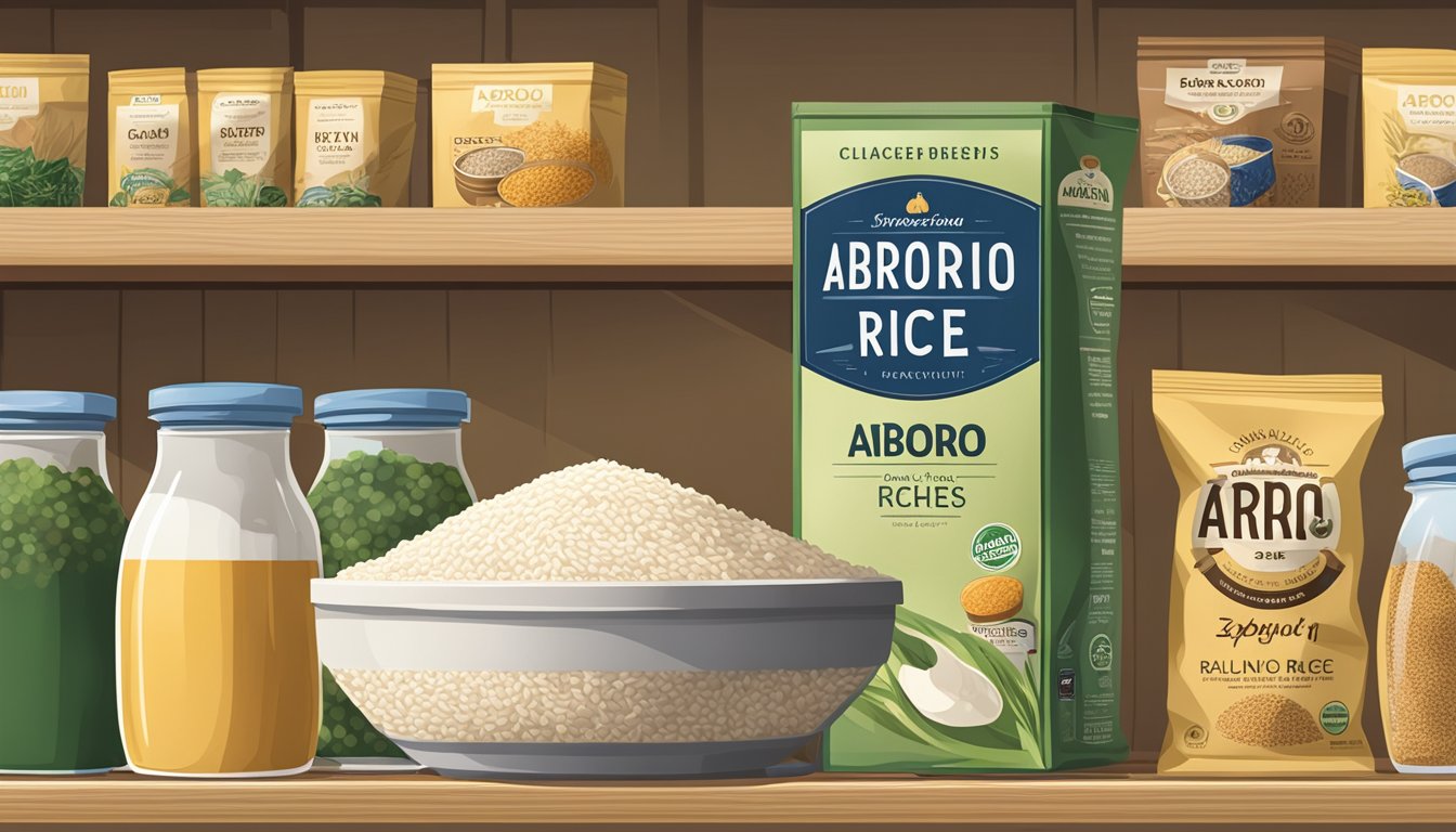 A bag of arborio rice sits on a kitchen shelf, surrounded by other pantry items. The expiration date on the packaging is visible