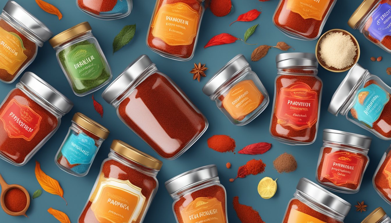 A variety of smoked paprika jars arranged with different labels and colors, some open with vibrant red powder spilling out