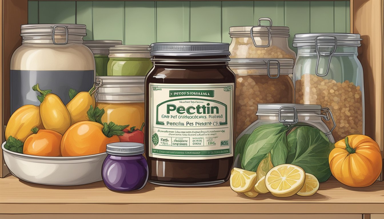 A jar of pectin sits on a cluttered pantry shelf, surrounded by other preserved foods and cooking ingredients. The label on the pectin jar shows a best-by date that has passed