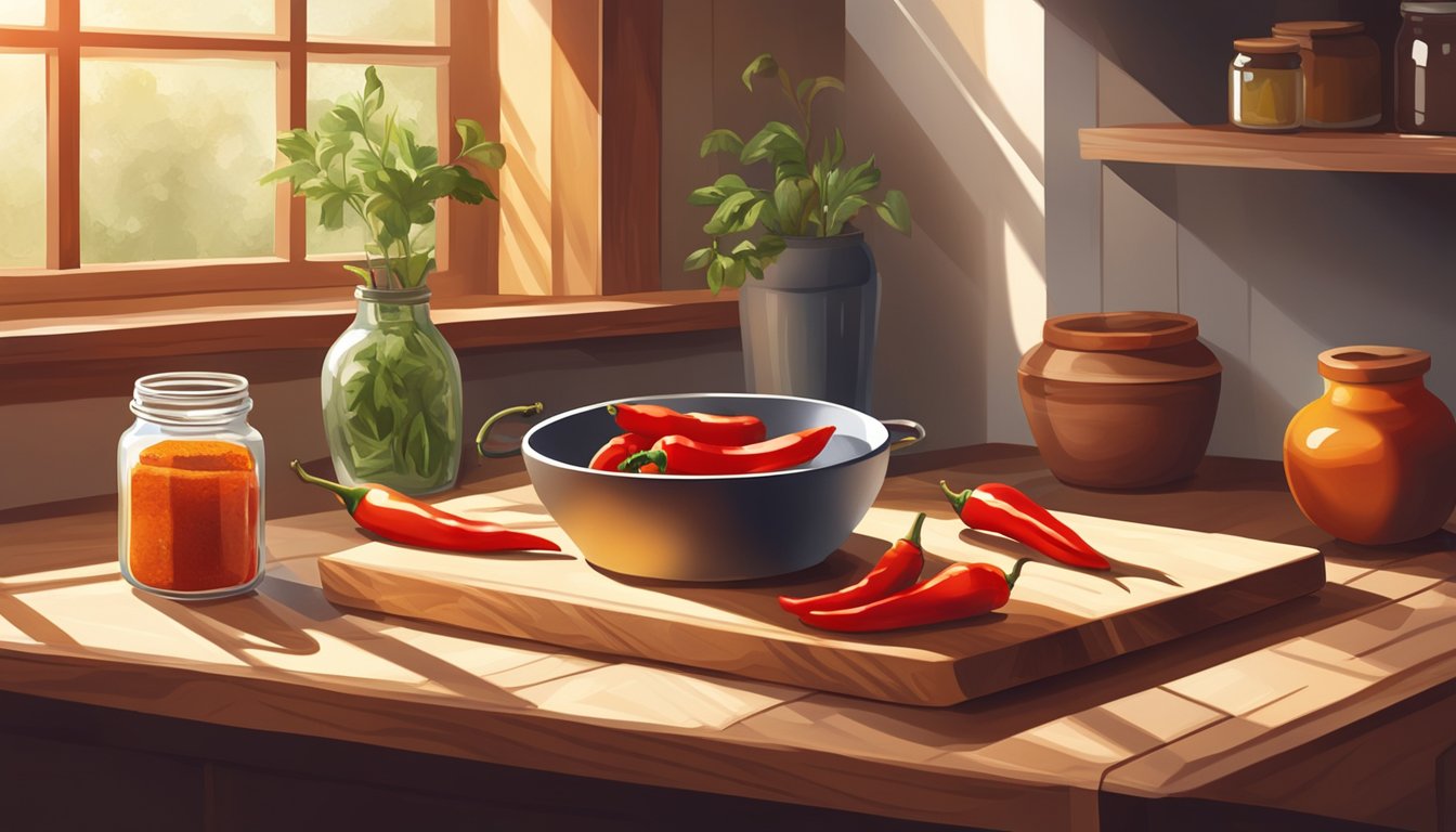 A rustic kitchen with a wooden cutting board, a bowl of red peppers, and a jar of smoked paprika. Sunlight streams through a window, casting warm shadows