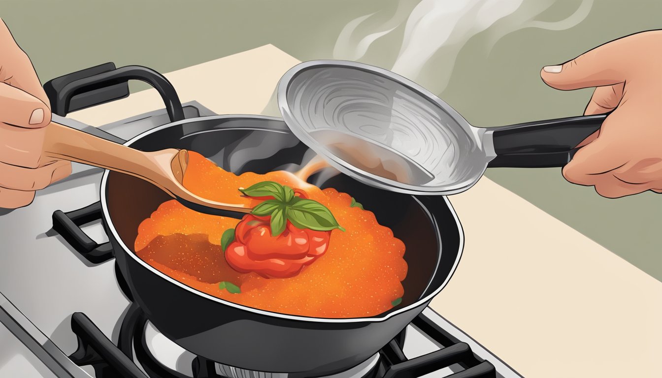 A hand pouring aged paprika from a jar into a sizzling skillet