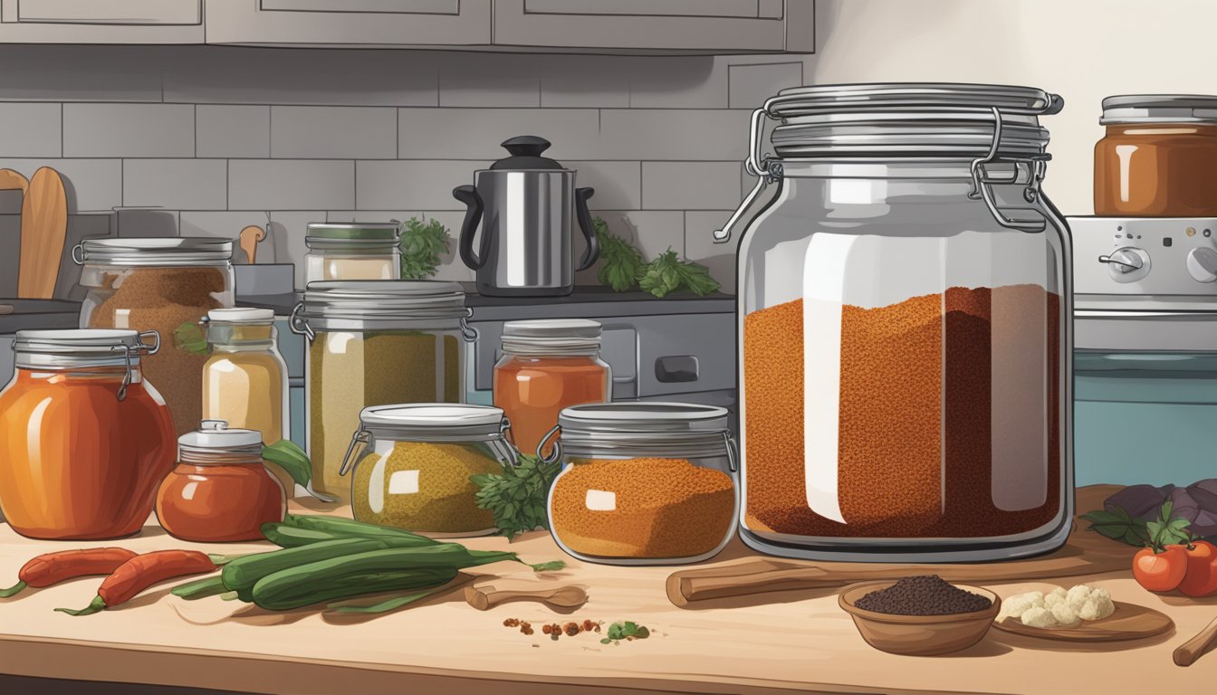 A jar of smoked paprika sits on a kitchen counter, surrounded by various dishes and ingredients. A question mark hovers above it, indicating uncertainty about its shelf life