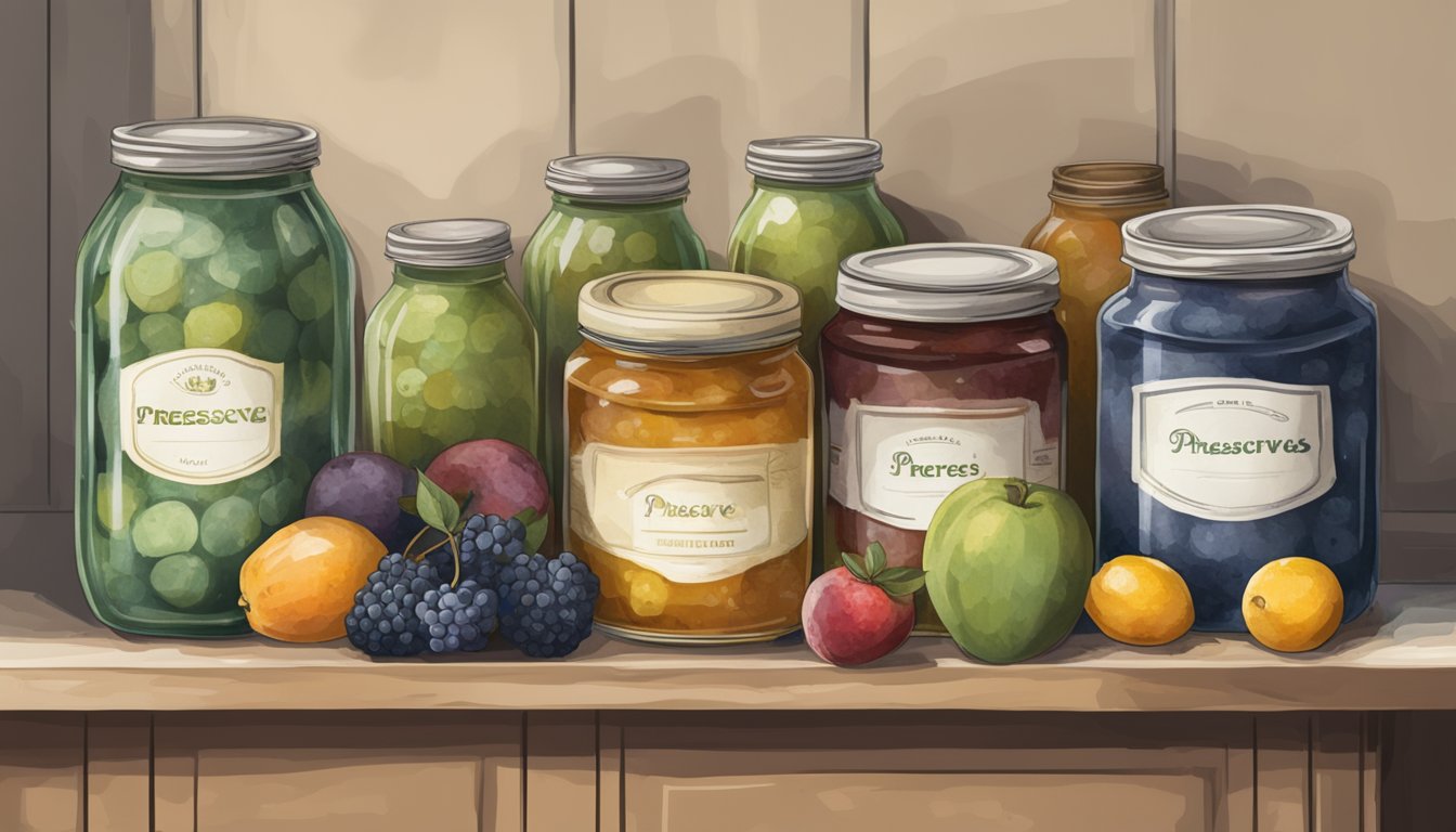 A jar of moldy, discolored fruit preserves sits on a kitchen shelf, surrounded by other expired food items