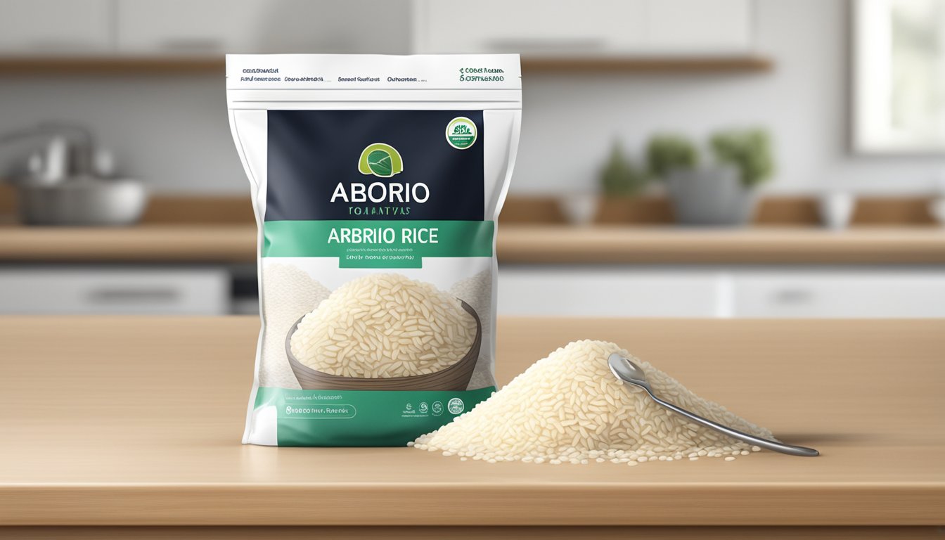 A bag of arborio rice with visible signs of mold and discoloration, sitting on a kitchen shelf