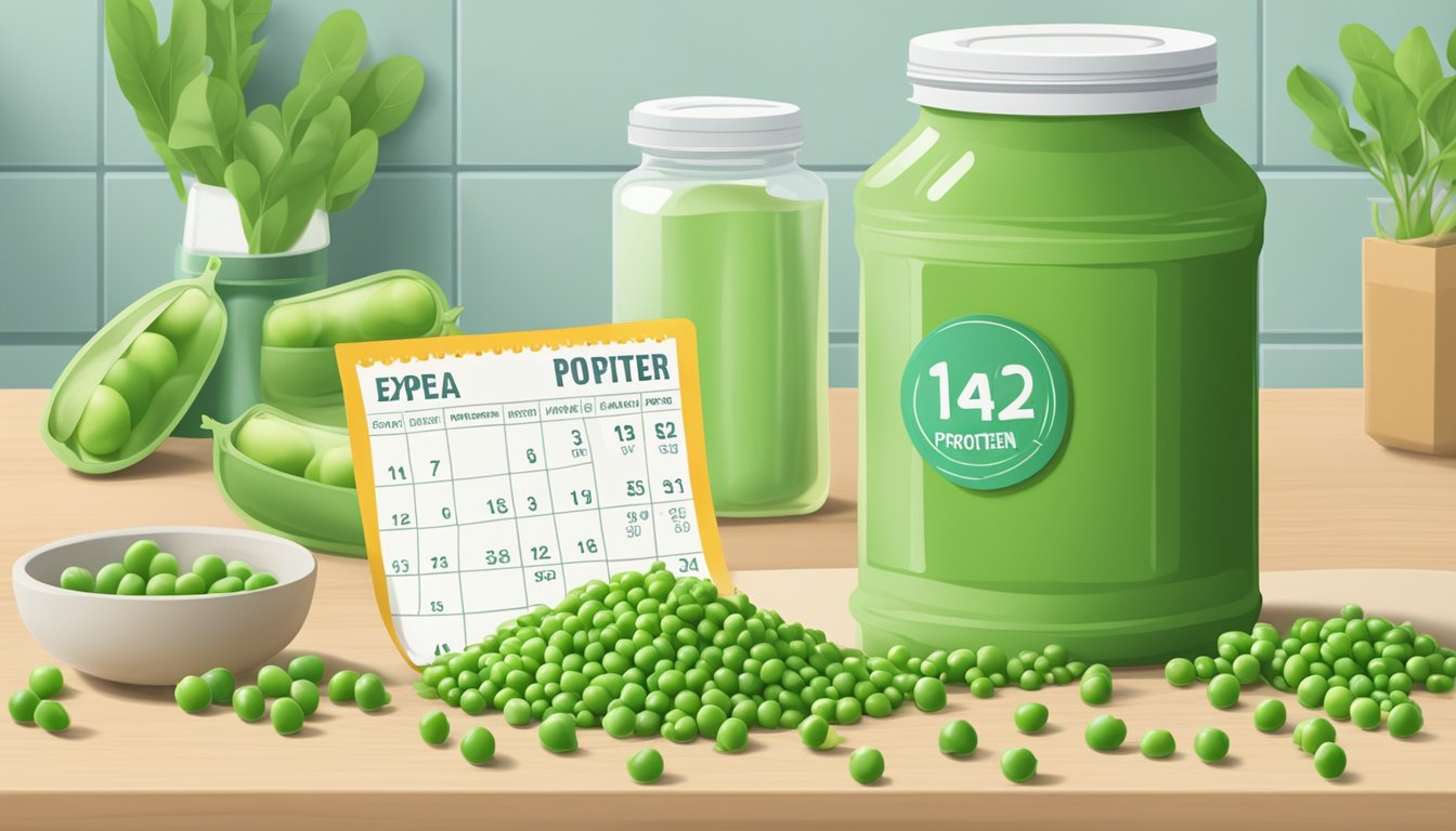 A jar of pea protein powder sits on a kitchen counter, surrounded by fresh peas and a calendar marking the expiration date