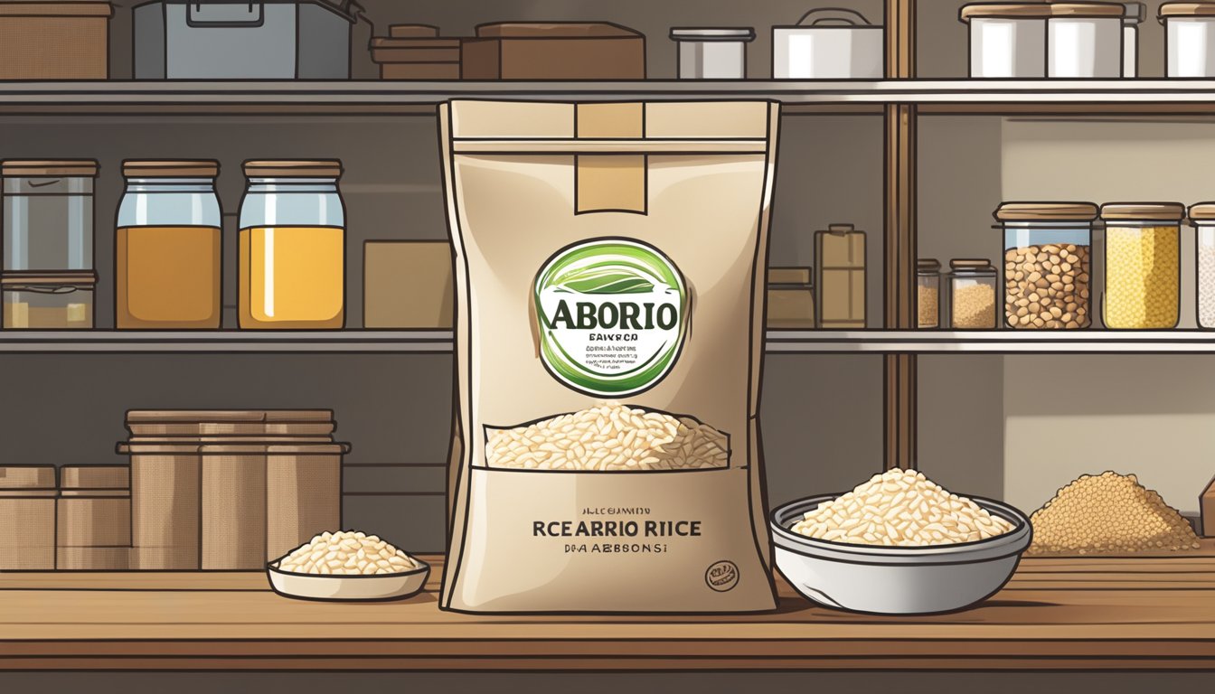 A sealed bag of arborio rice sits on a clean, dry shelf in a well-lit pantry, surrounded by other dry goods