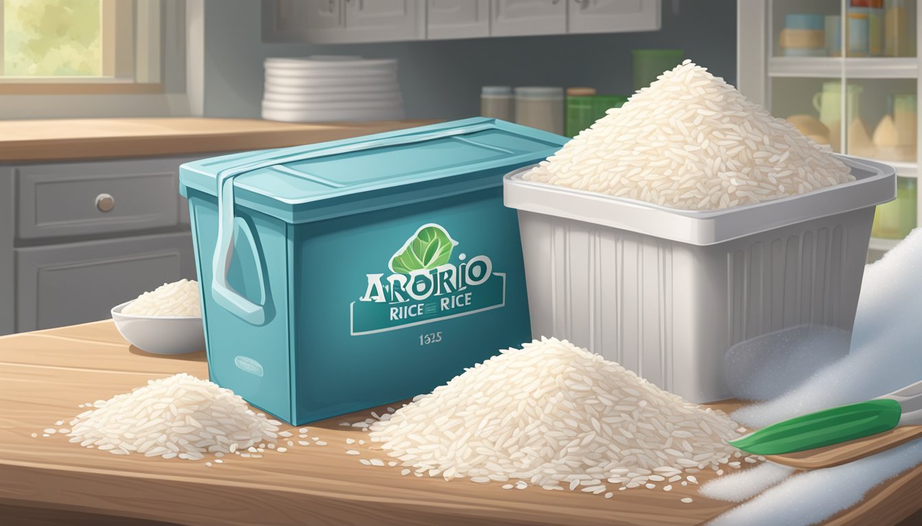 A sealed bag of arborio rice sits in a freezer, surrounded by ice crystals. Another bag is stored in a pantry, untouched for months