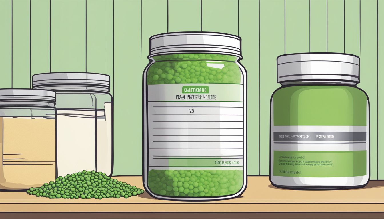 A jar of pea protein powder sits on a shelf next to a calendar. The powder inside is starting to clump together, indicating potential spoilage