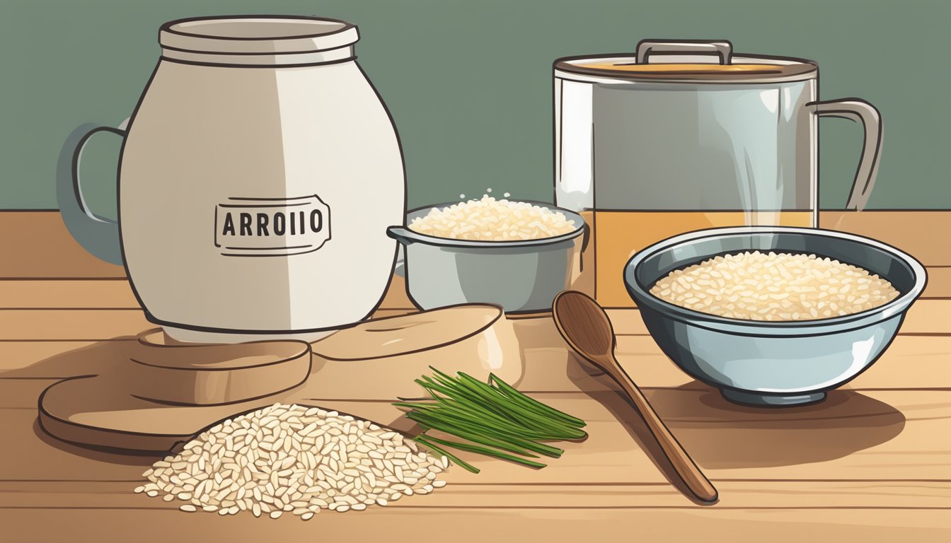 A bag of arborio rice sits on a clean countertop next to a wooden spoon and a pot of simmering broth