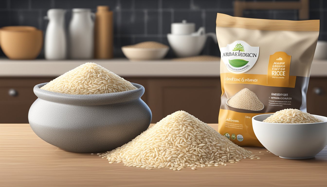 A bag of arborio rice sits on a kitchen shelf, surrounded by various other types of grains and rice