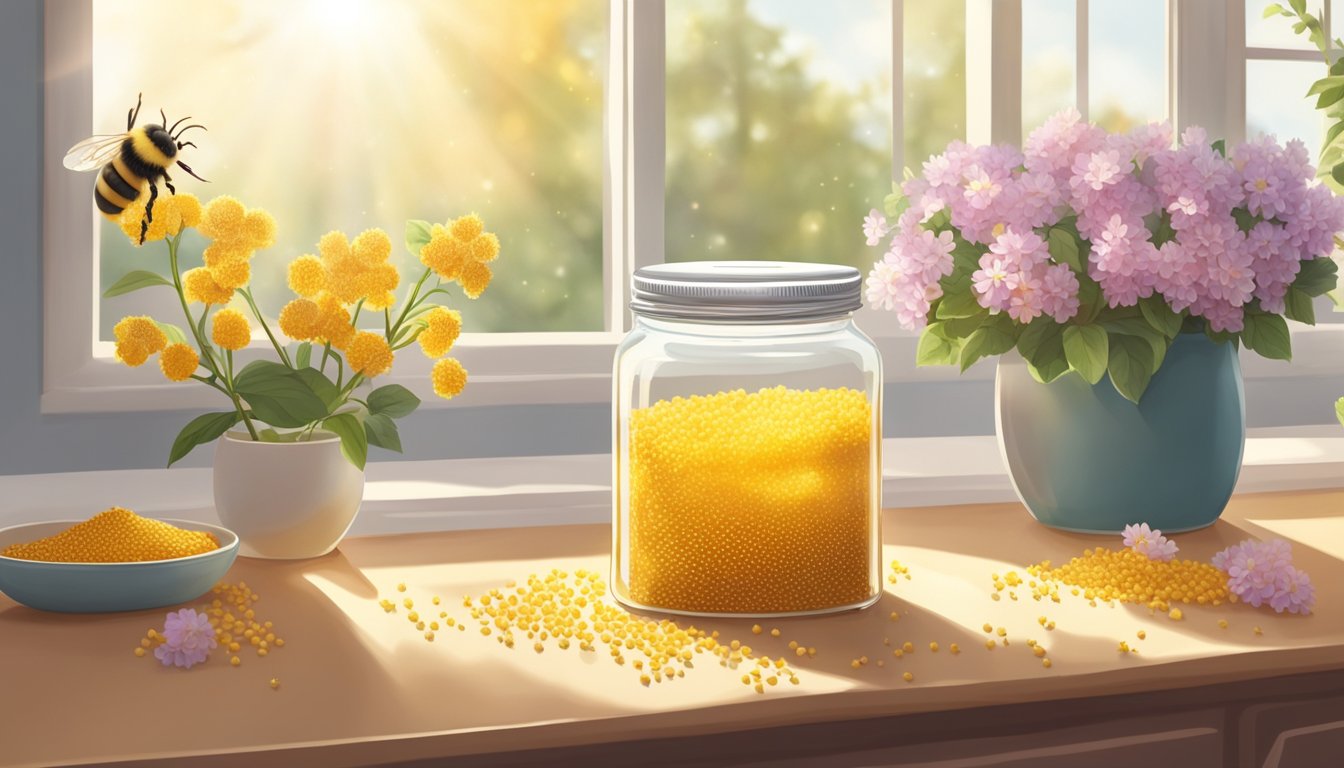 A jar of bee pollen sits on a kitchen counter, surrounded by fresh flowers and a honeycomb. The sunlight streams in through the window, casting a warm glow on the scene