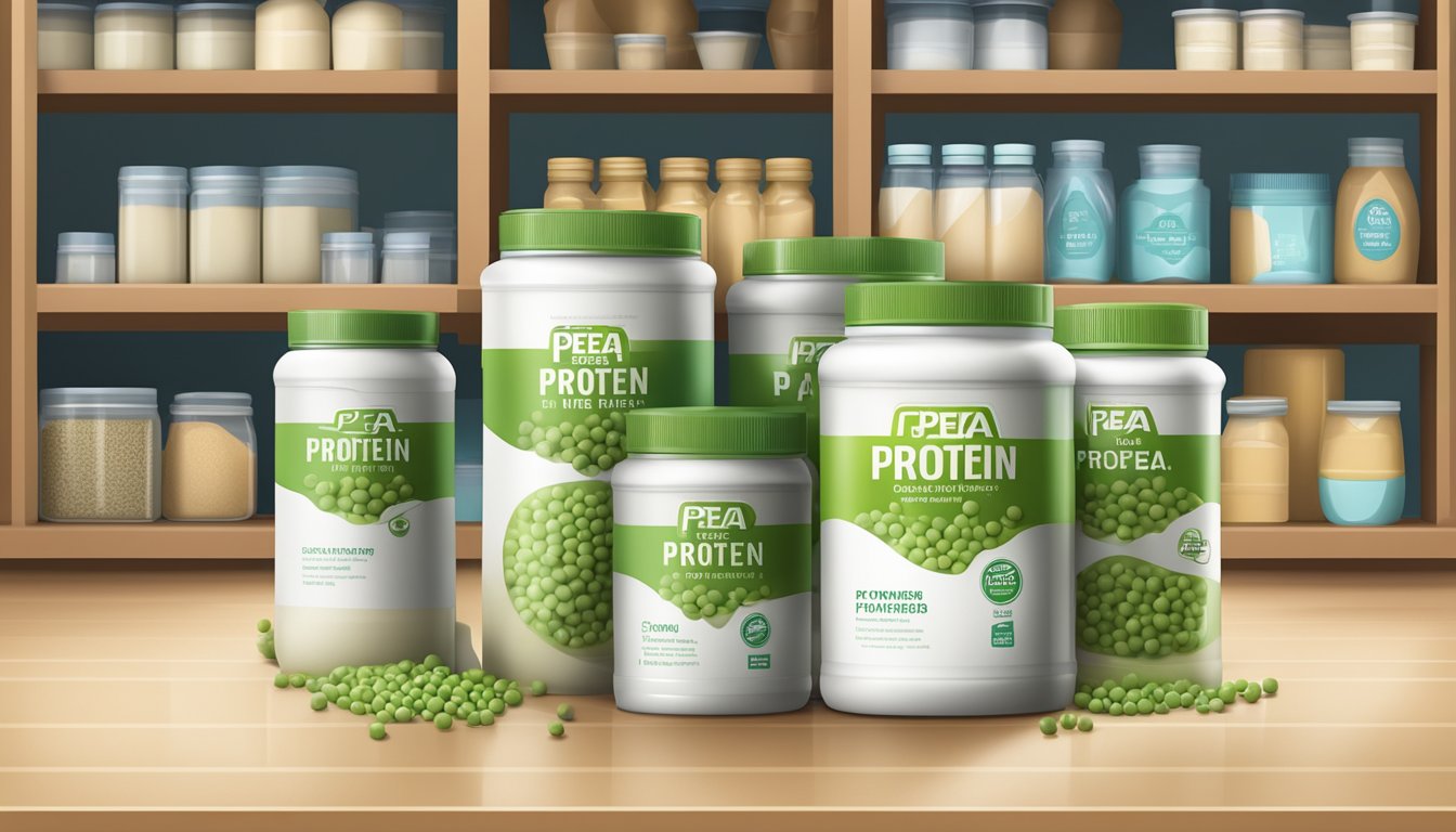 A sealed container of pea protein powder stored in a cool, dry pantry