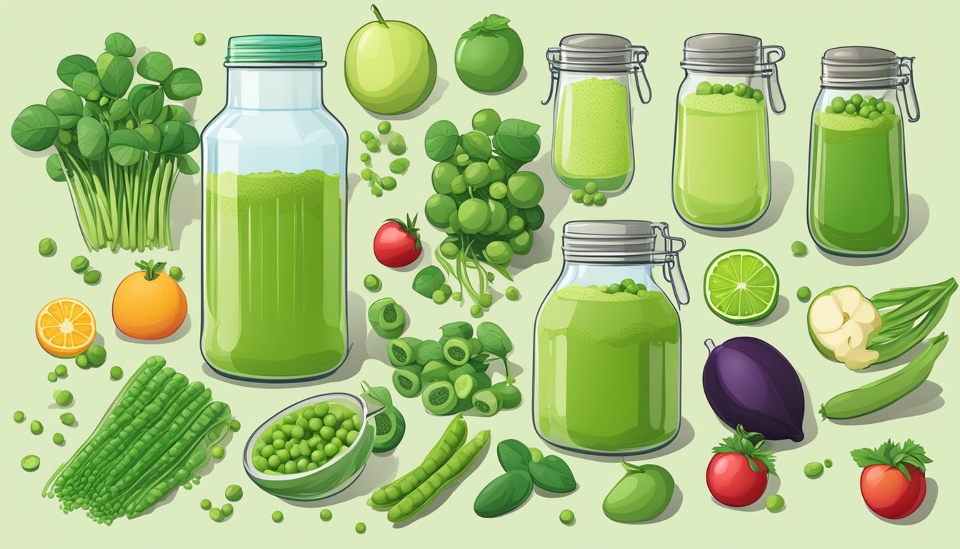 A jar of pea protein powder surrounded by fresh peas, a blender, and various fruits and vegetables for smoothie making