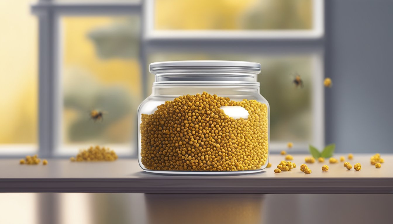 A glass jar filled with bee pollen sits on a shelf, sealed tightly with a lid. The room is dimly lit, with soft natural light filtering in through a nearby window