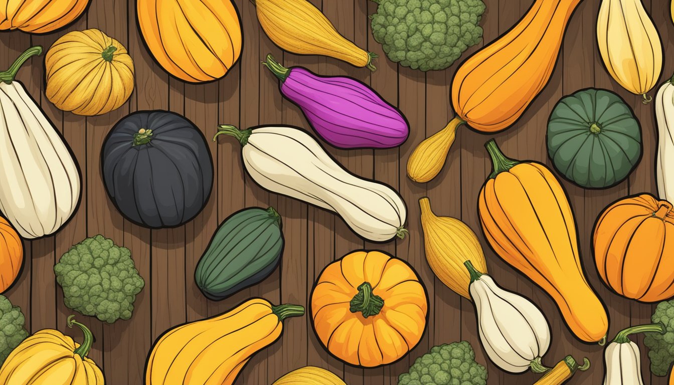 A colorful array of squash varieties arranged on a wooden table, some whole and some cut open, with seeds spilling out