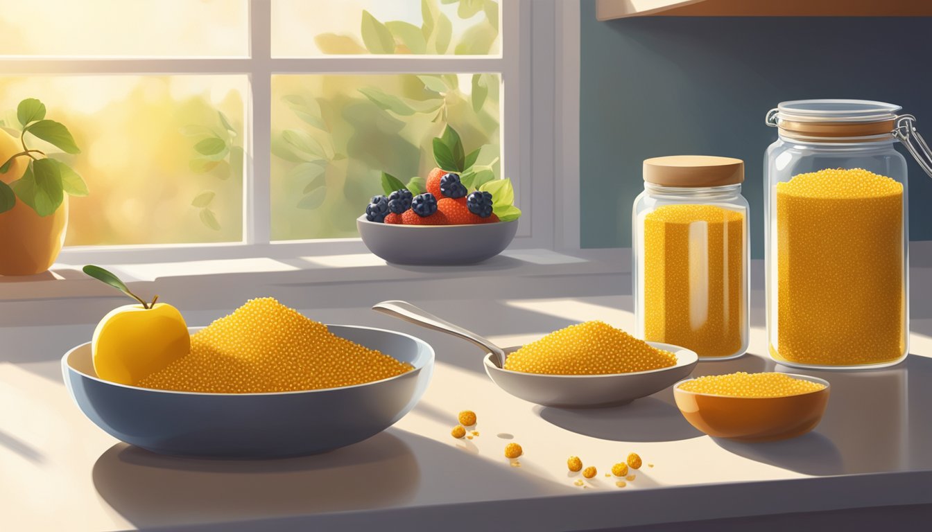 A jar of bee pollen sits on a kitchen counter next to a bowl of fresh fruit and a spoon. Sunlight streams through the window, casting a warm glow on the scene