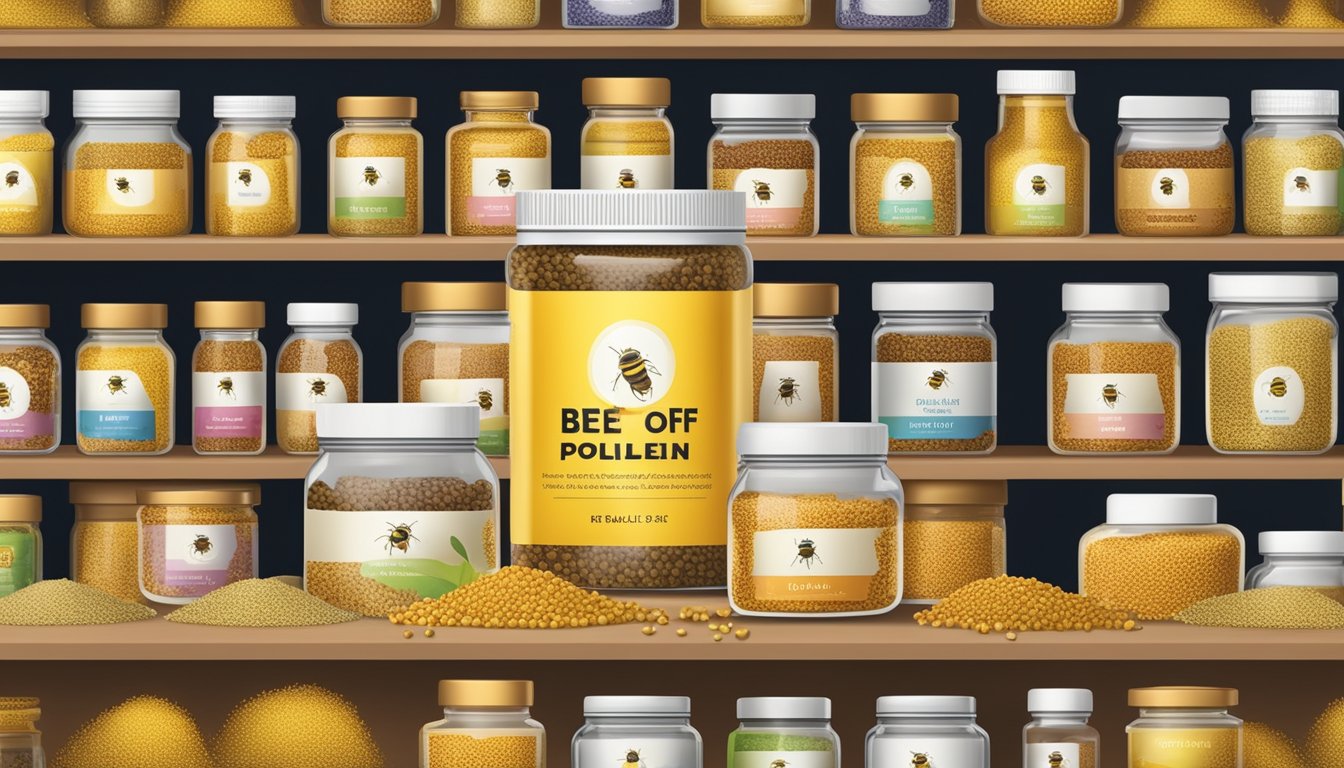 A jar of bee pollen sits on a shelf in a health food store, surrounded by other natural supplements and products