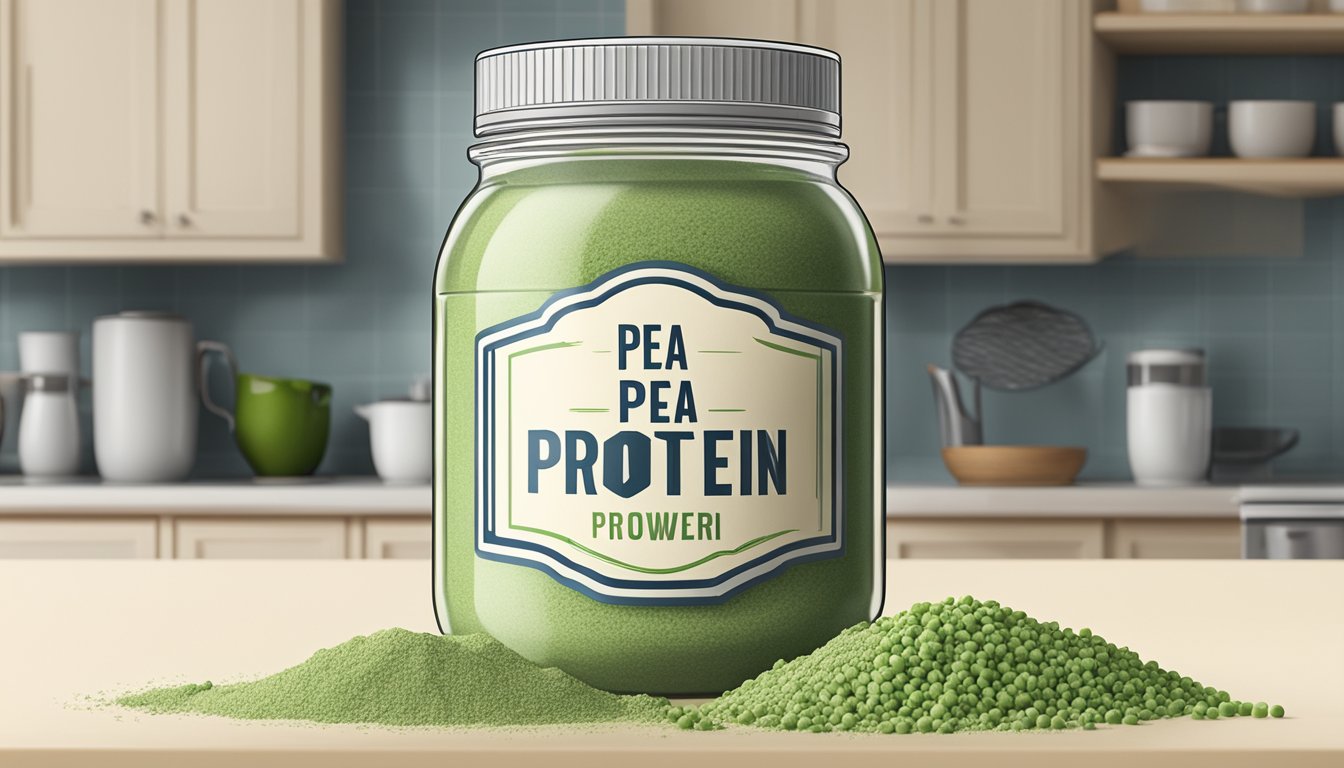 A jar of pea protein powder sits on a kitchen counter, with a small cloud of dust floating above it. The expiration date on the label is clearly visible