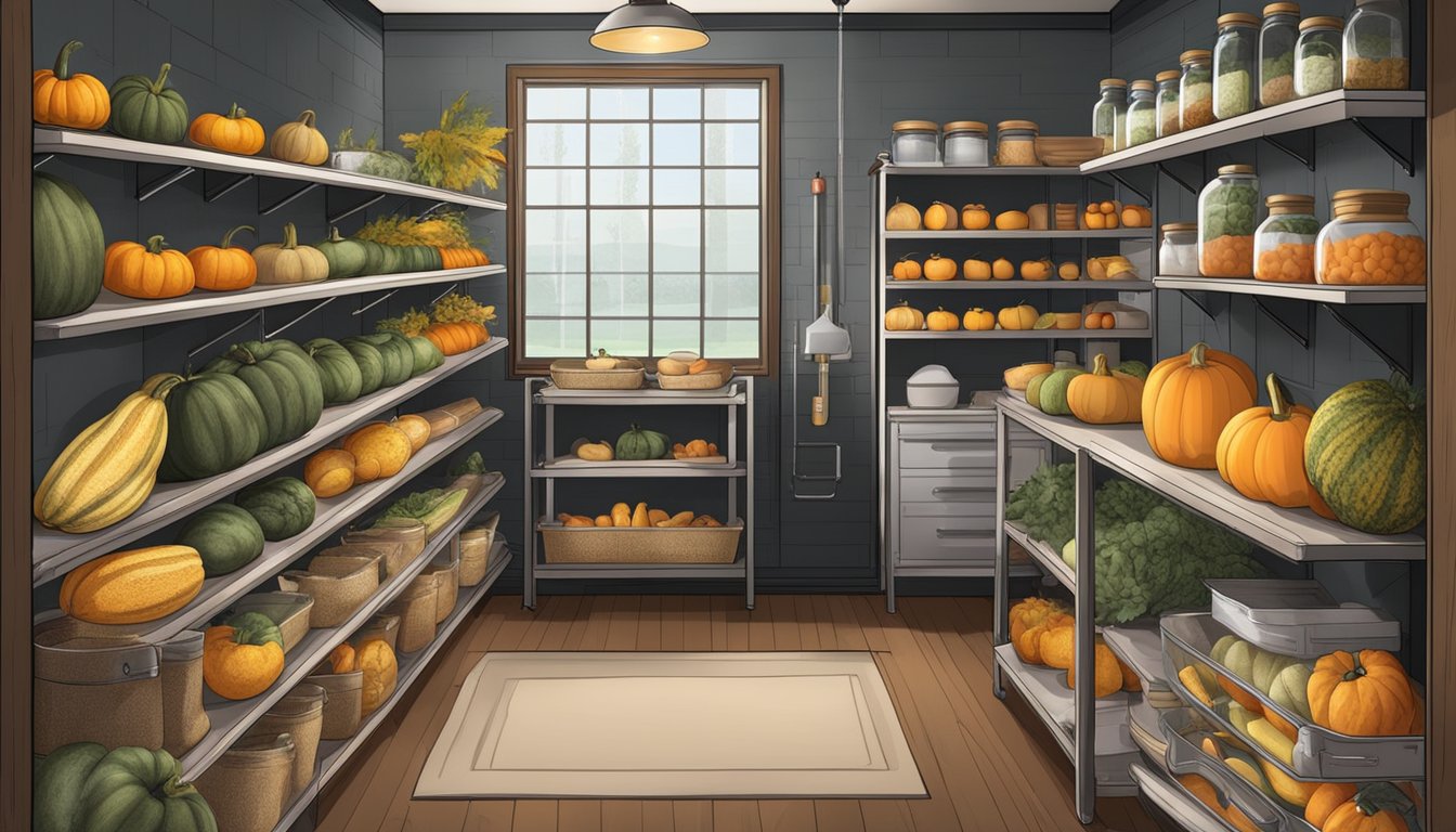 A cool, dark pantry with shelves of squash, neatly organized and labeled with their varieties. A thermometer and humidity gauge hang on the wall