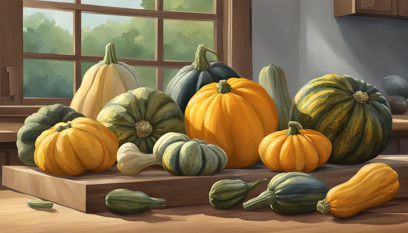 A variety of squash arranged on a countertop, some showing signs of decay, while others appear fresh and vibrant. A calendar hangs on the wall in the background