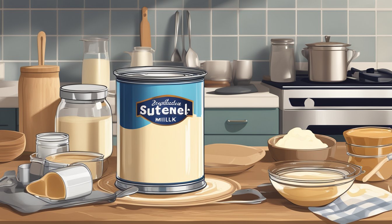 A can of sweetened condensed milk sits on a kitchen counter, surrounded by various baking ingredients and utensils. The lid is slightly ajar, and a small drip of milk has spilled onto the counter