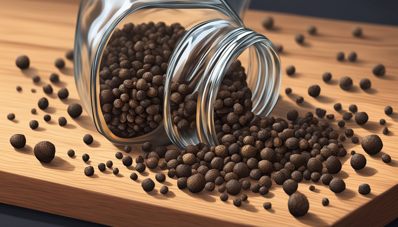 A pile of Sichuan peppercorns spilling out of a cracked glass jar onto a wooden cutting board