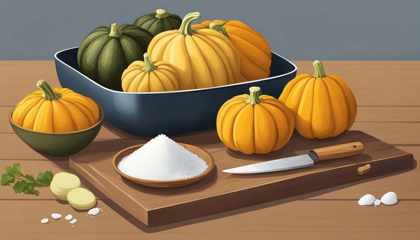 A variety of squash arranged on a wooden cutting board, with a chef's knife and a bowl of salt nearby