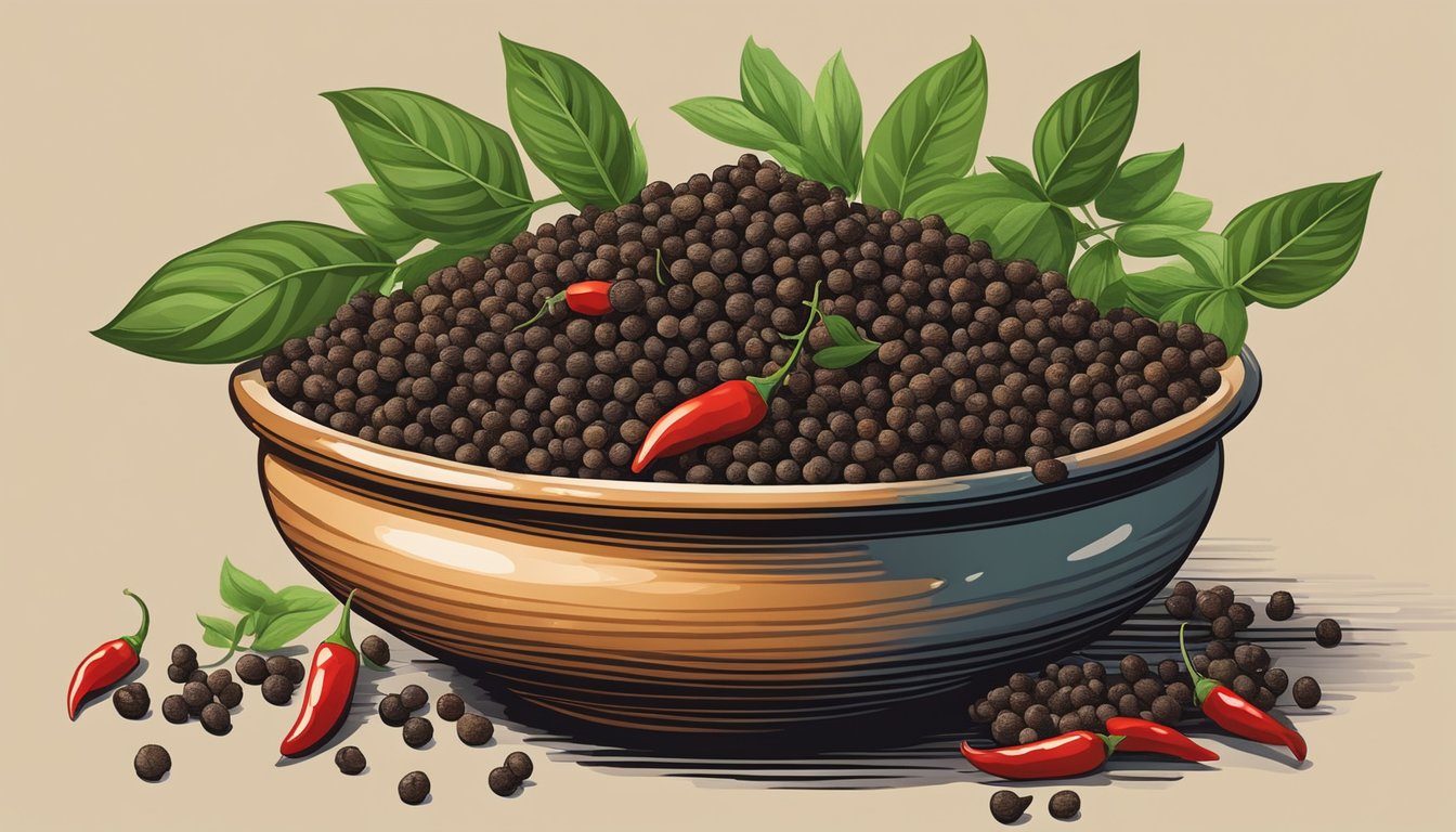 A pile of Sichuan peppercorns in a rustic ceramic bowl, surrounded by vibrant red chili peppers and fresh green herbs