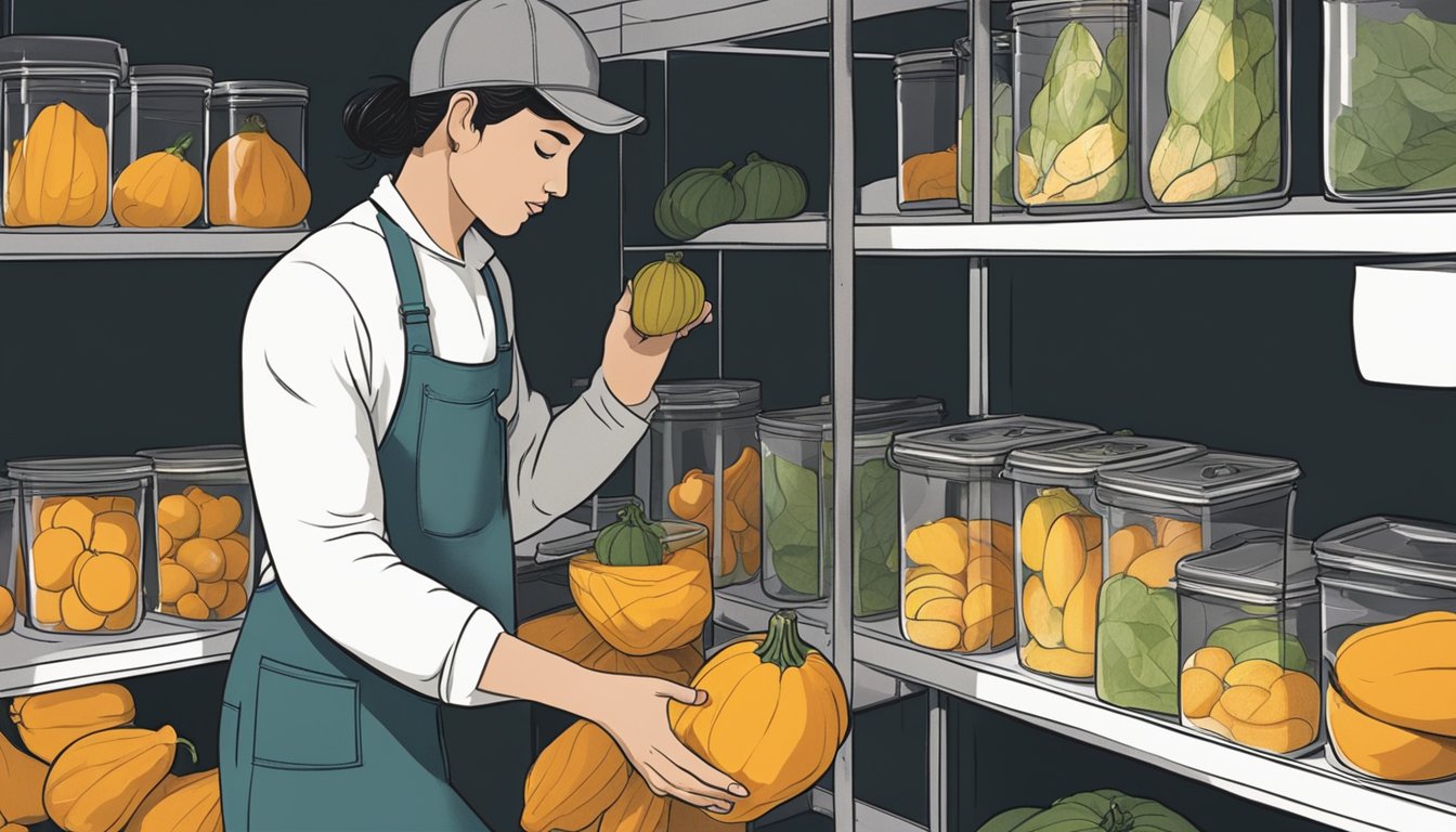 A person placing freshly harvested squash into airtight containers and storing them in a cool, dark pantry