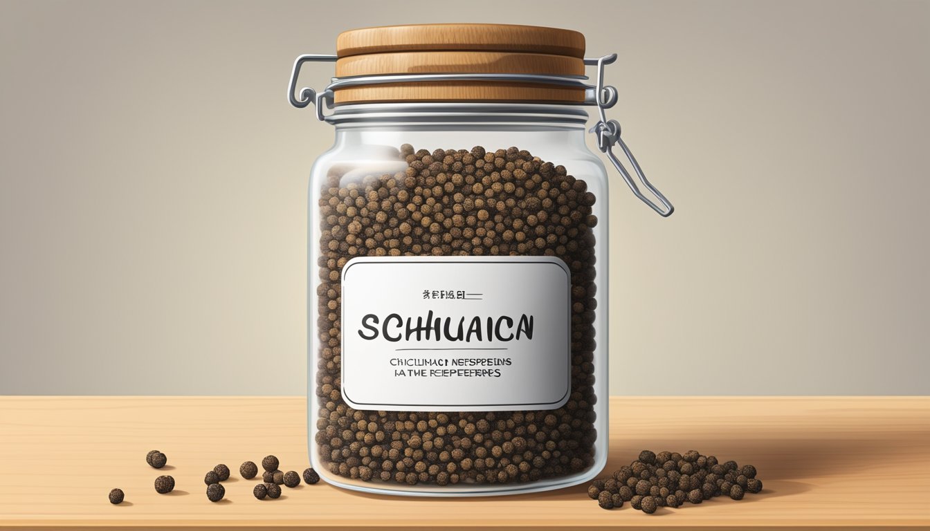 A collection of Sichuan peppercorns in a glass jar, sitting on a wooden shelf with a label indicating the expiration date