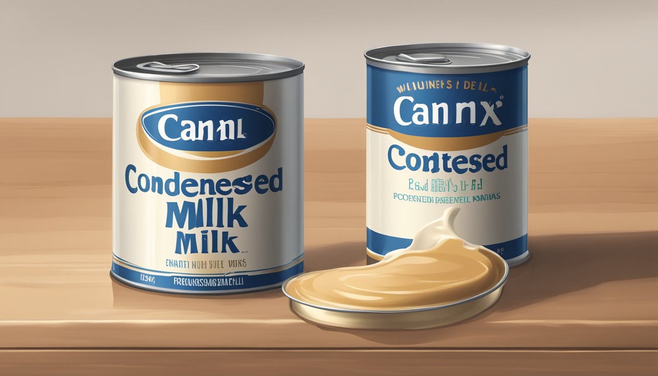 A can of sweetened condensed milk sits on a kitchen counter. The label is faded and the can appears dented and rusted. A foul smell emanates from the partially opened lid