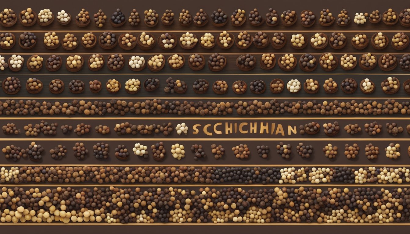 A variety of Sichuan peppercorns in different colors and sizes, arranged on a wooden cutting board